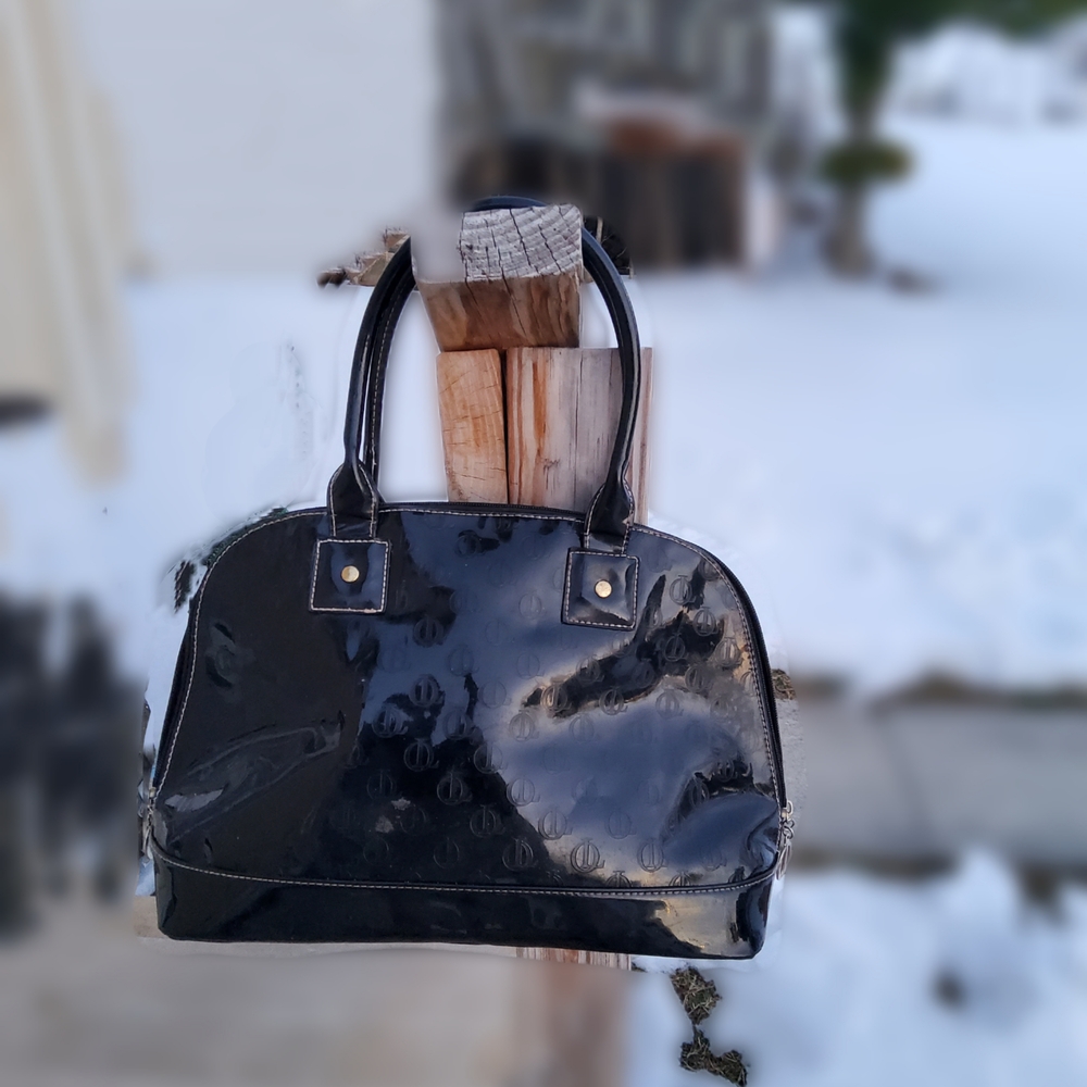 Black Faux Patent Embossed Monogram Dome Satchel Handbag - Large Shoulder Bag